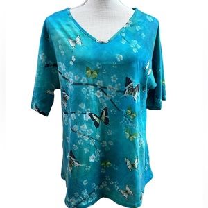 Sz MD short sleeve butterfly women’s T-shirt turquoise floral bright spring V